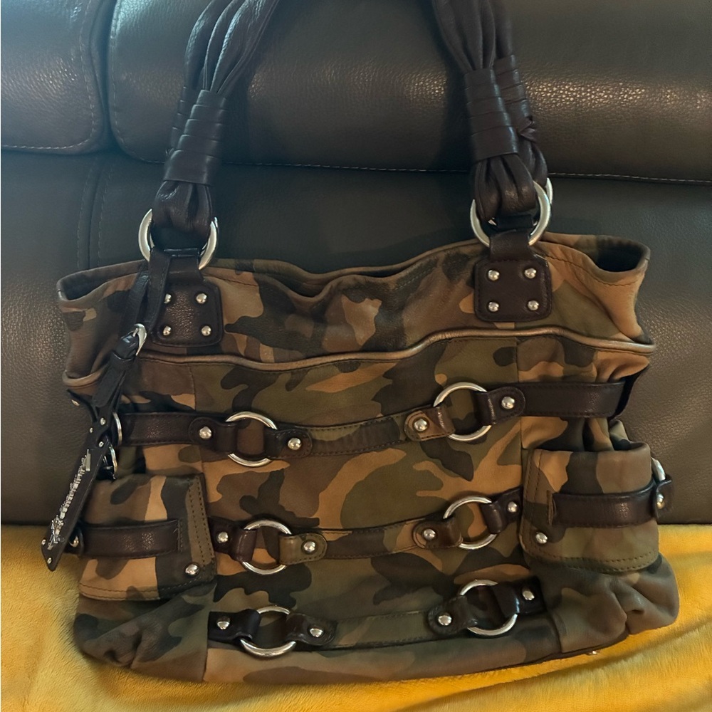 B. Makowsky Green and Brown Shoulder Bag with Silver Hardware
